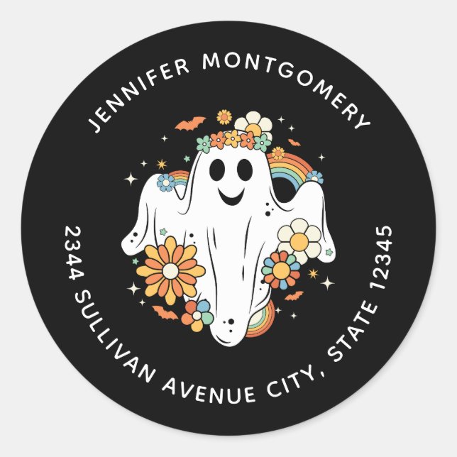 Happy Ghost Retro Hippie Vibe - Adresse Runder Aufkleber (Vorderseite)