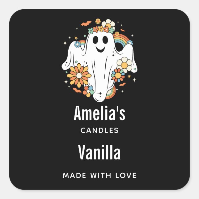 Happy Ghost Retro Hippie Vibe - Candle Business Quadratischer Aufkleber (Vorderseite)