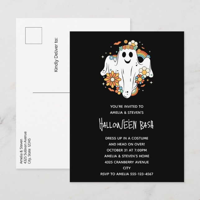 Happy Ghost Retro Hippie Vibe Halloween Einladungspostkarte (Vorne/Hinten)