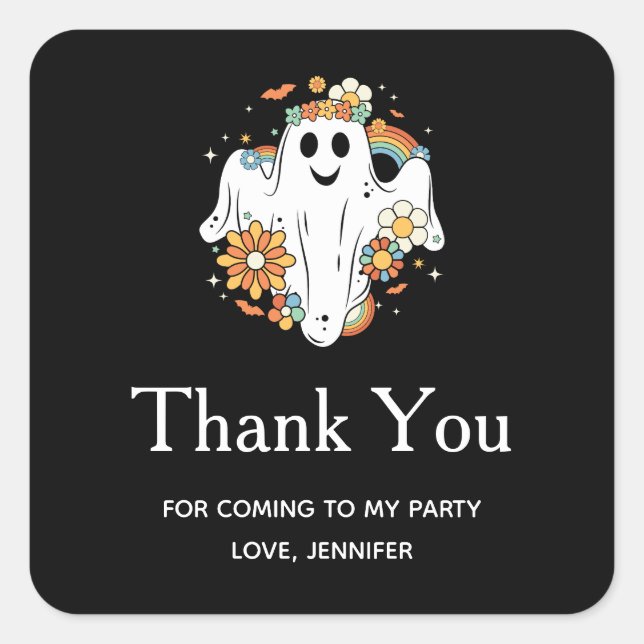 Happy Ghost Retro Hippie Vibe Party Danke Quadratischer Aufkleber (Vorderseite)