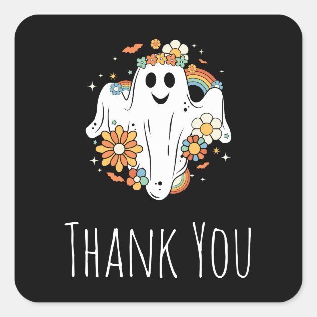 Happy Ghost Retro Hippie Vibe Party Danke Quadratischer Aufkleber (Vorderseite)