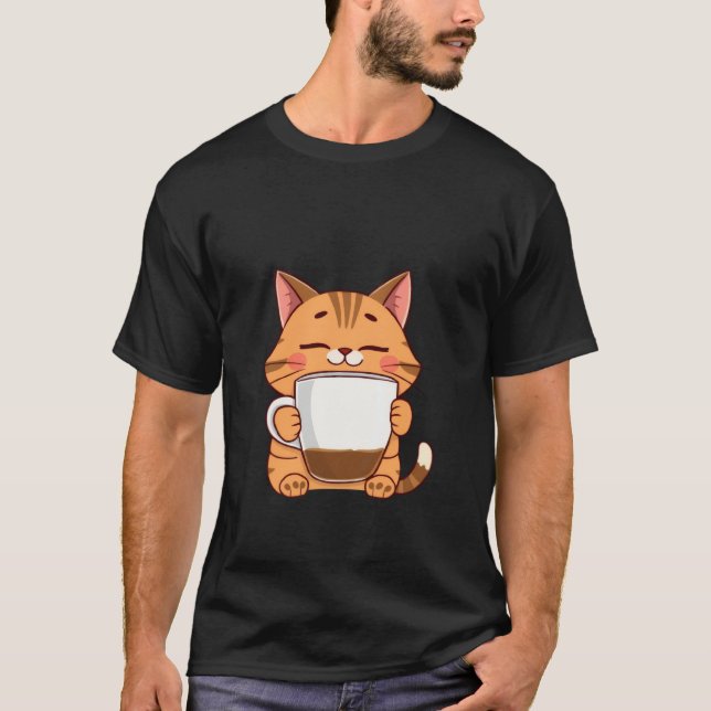 Happy Ginger Cat Hugging Coffee Mug Peace ✨🐾☕ T-Shirt (Vorderseite)