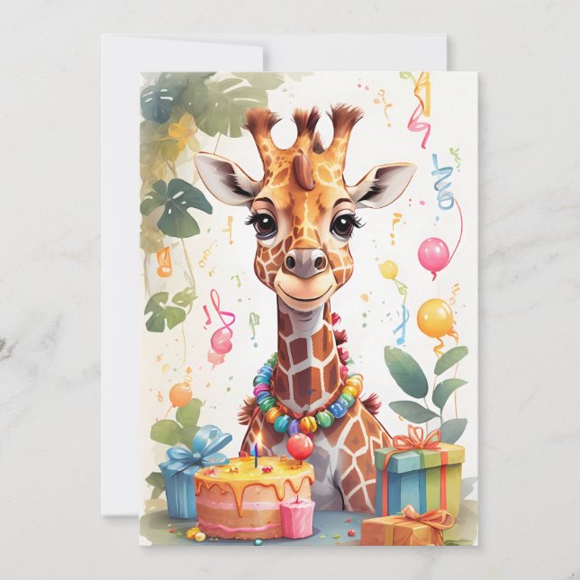 Happy Giraffe mit Geschenken & Kuchen | Einladung (Vorderseite)