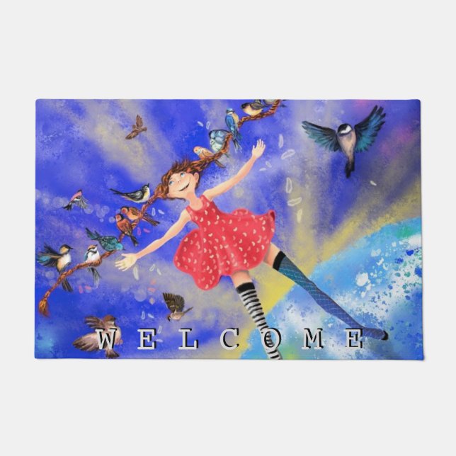 Happy Girl and Birds Doormat Fußmatte (Vorderseite)