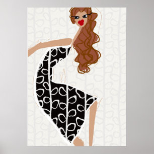 Happy Girl Dancing BlackWhite Mode Illustration Poster