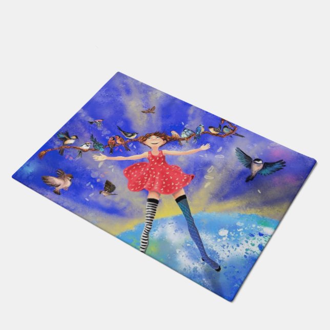 Happy Girl mit Birds Doormat Fußmatte (Schrägansicht)