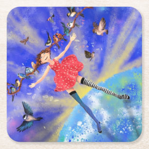Happy Girl mit Birds Paper Untersetzer