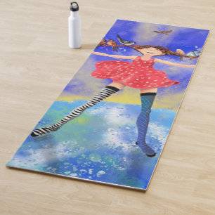 Happy Girl mit Birds Yoga Mat Yogamatte