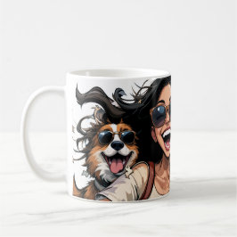 Happy Girl und Niedlicher Hund in Sonnenbrille mit Kaffeetasse