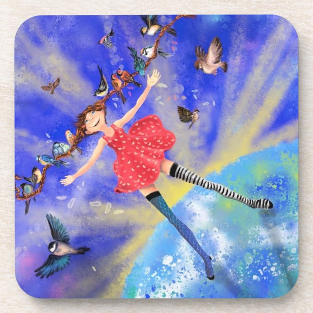 Happy Girl with Birds - Happines - Joy Getränkeuntersetzer (Vorderseite)