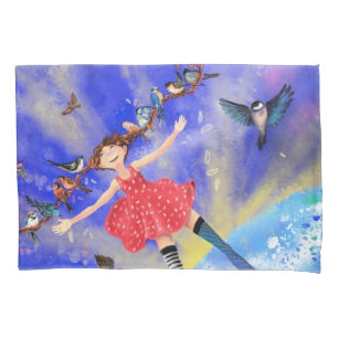 Happy Girl with Birds - Happines Kissenbezug