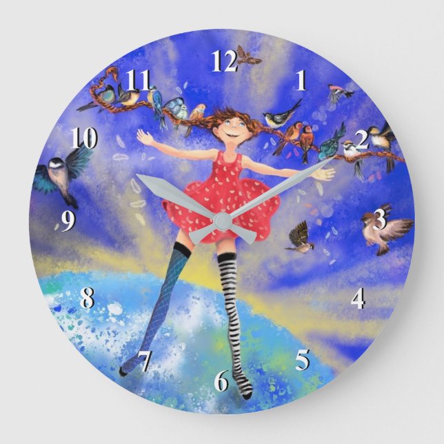 Happy Girl with Birds - Happines - Round Große Wanduhr (Vorderseite)