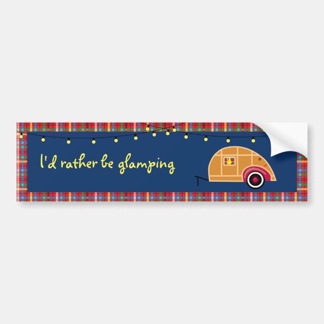 Happy Glamper Woodie Vintag Teardrop Trailer Autoaufkleber (Vorne)