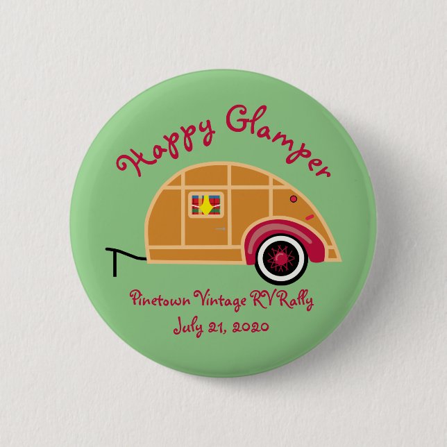 Happy Glamper Woodie Vintag Teardrop Trailer Button (Vorderseite)