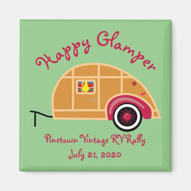 Happy Glamper Woodie Vintag Teardrop Trailer Magnet (Vorne)