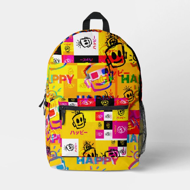 HAPPY GLITCHED Backpack Bedruckter Rucksack (Vorderseite)