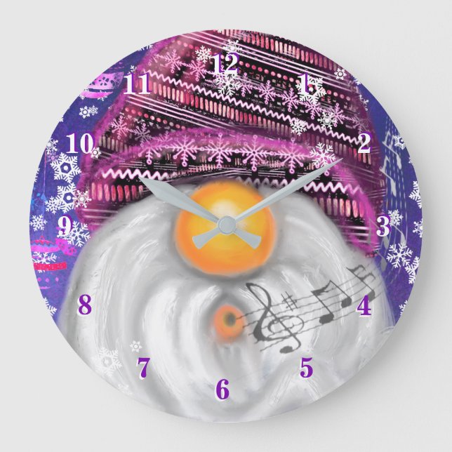 Happy Gnome in Lila Hat Weihnachtszeit Große Wanduhr (Vorderseite)