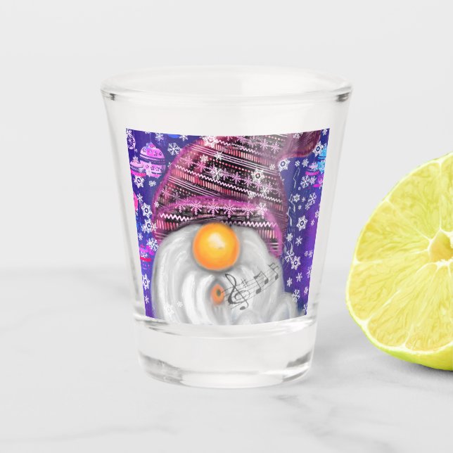 Happy Gnome in Lila Hut Singt ein Weihnachtslied   Schnapsglas (Vorderseite)