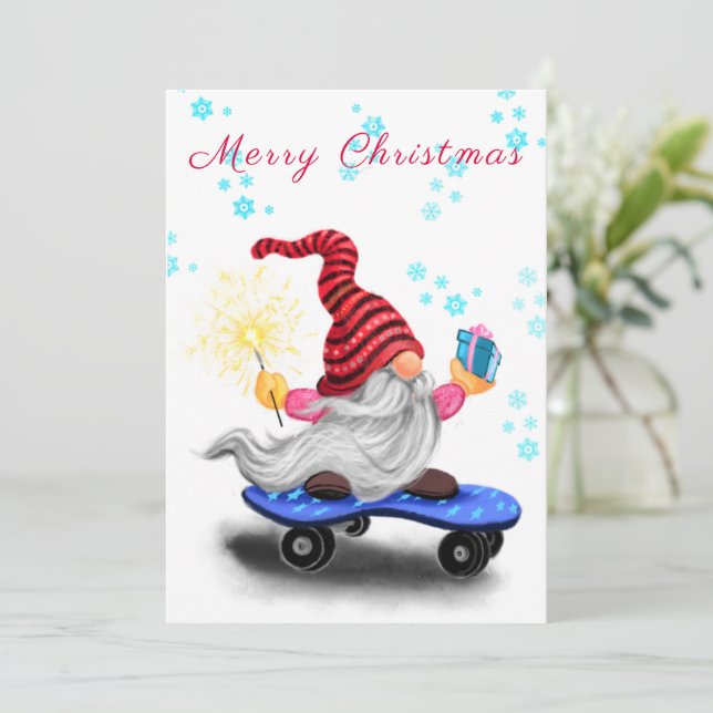Happy Gnome mit Geschenk Weihnachtskarte (Stehend Vorderseite)