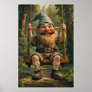Happy Gnome on Swing - Whimsical Forest Poster