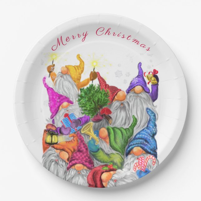 Happy Gnome Party Weihnachtspapier Teller (Vorderseite)