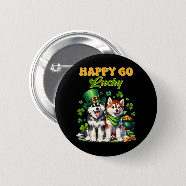 Happy Go Lucky Niedlich Husky St Patricks Day Button (Vorne & Hinten)