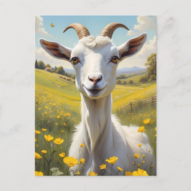 Happy Goat Vibrant Buttercup Wiese Postkarte (Vorderseite)