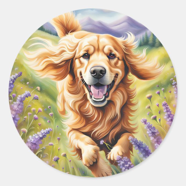 Happy Golden Retriever in Lavender Field Runder Aufkleber (Vorderseite)