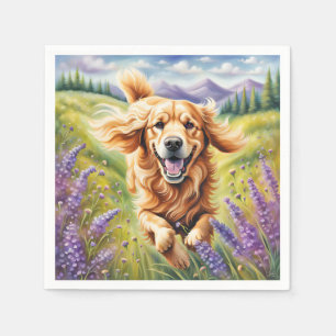 Happy Golden Retriever in Lavender Field Serviette