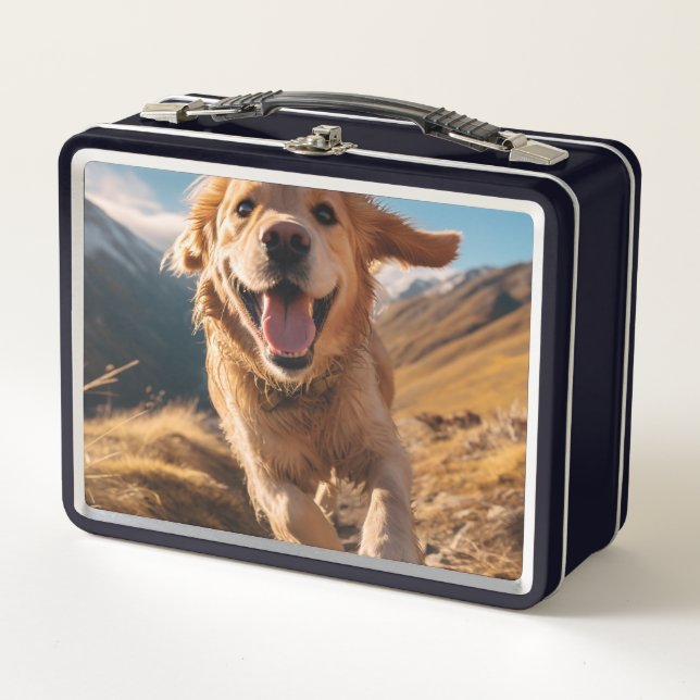 Happy Golden Retriever Running Metall Brotdose (Vorderseite)