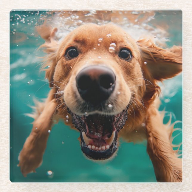 Happy Golden Retriever Schwimmen unter Wasser Glasuntersetzer (Vorderseite)
