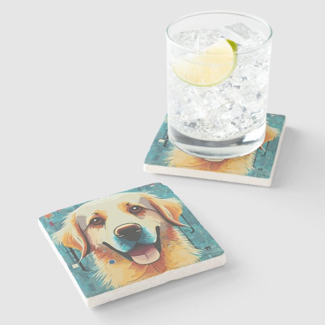 Happy Golden Retriever Steinuntersetzer (Seitenansicht)