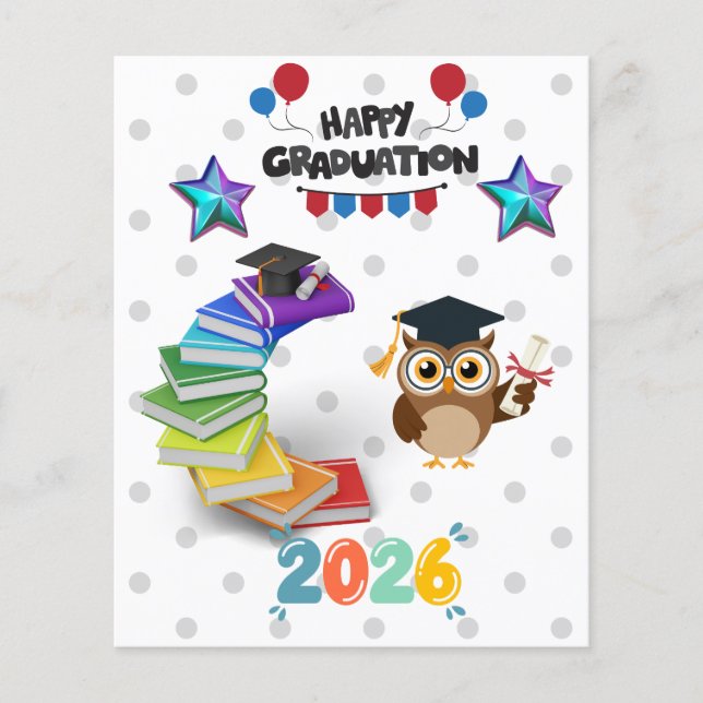 Happy Graduation 2026 - Cute Owl & Books  Flyer (Vorne)