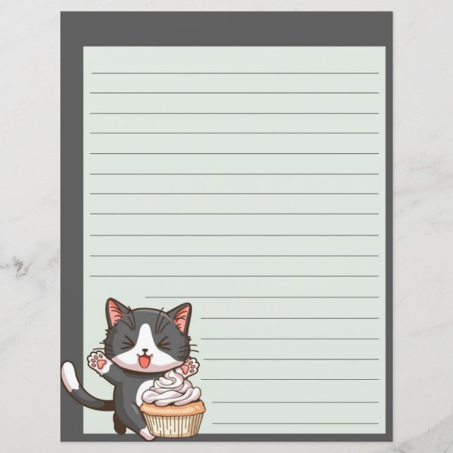 Happy graue Katze mit Kuchen, gesäumtes Schreibpap (Vorderseite)