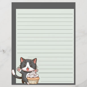 Happy graue Katze mit Kuchen, gesäumtes Schreibpap