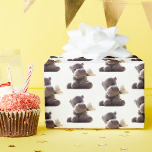 Happy Gray Hippo Holding Daisy, Niedliche Liebe Fo Geschenkpapier