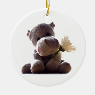 Happy Gray Hippo Holding Daisy, Niedliche Liebe Fo Keramik Ornament