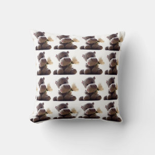 Happy Gray Hippo Holding Daisy, Niedliche Liebe Fo Kissen