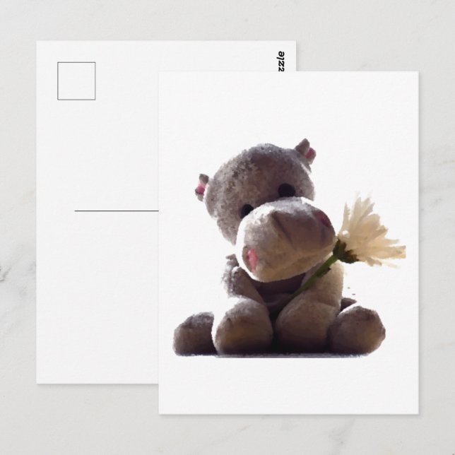 Happy Gray Hippo Holding Daisy, Niedliche Liebe Fo Postkarte (Vorne/Hinten)