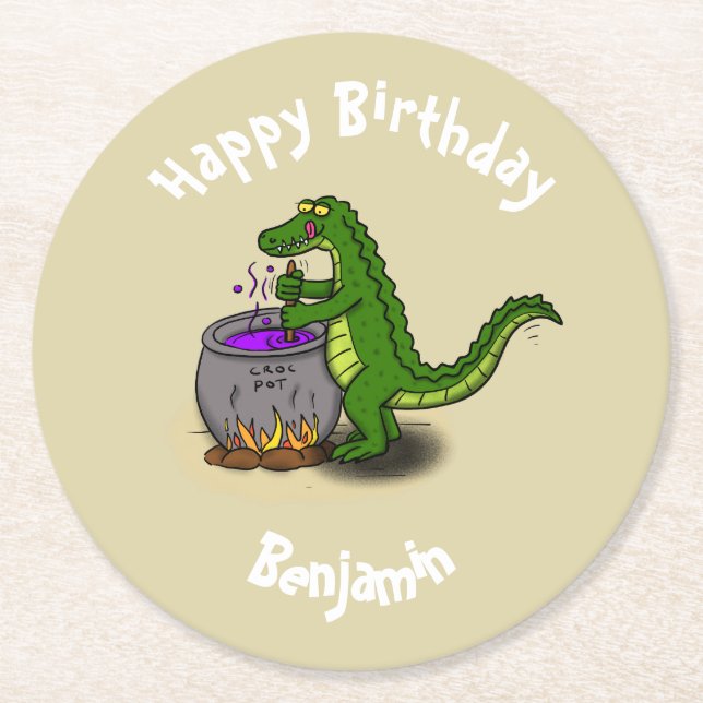 Happy Green Alligator Kochen Cartoon Runder Pappuntersetzer (Vorderseite)