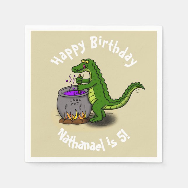 Happy Green Alligator Kochen Cartoon Serviette (Vorderseite)