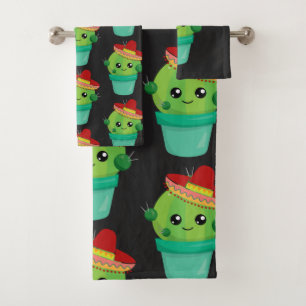 Happy Green Cactus in a Red Sombrero Pattern Badhandtuch Set