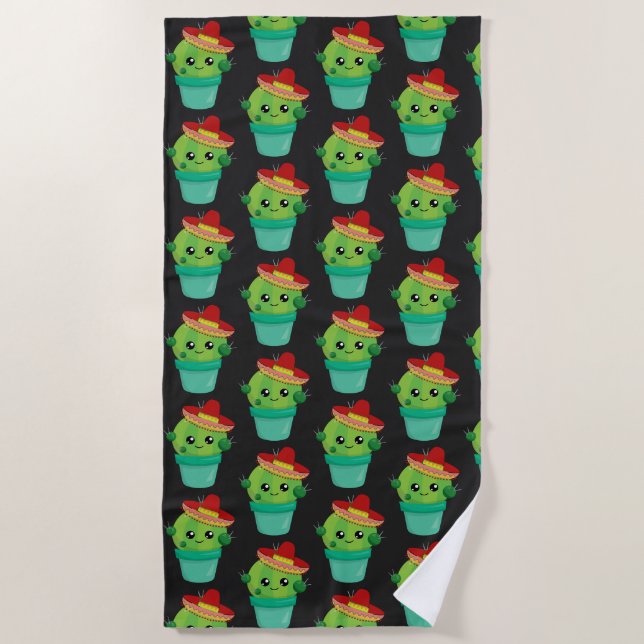 Happy Green Cactus in a Red Sombrero Pattern Strandtuch (Vorderseite)