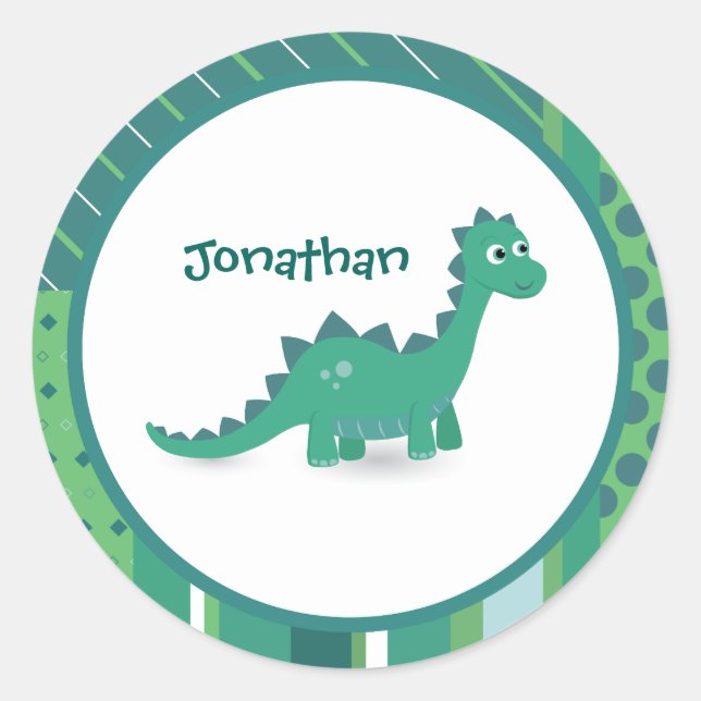 Happy Green Dinosaurier individuelle Name Geburtst Runder Aufkleber (Vorderseite)