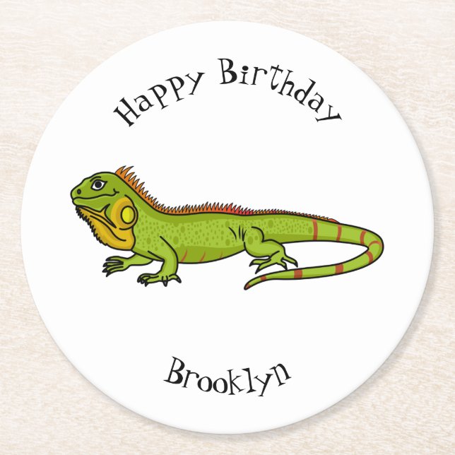Happy Green iguana Cartoon Illustration Runder Pappuntersetzer (Vorderseite)