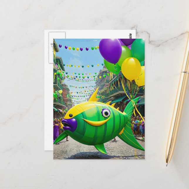 Happy Green Mardi Gras Fish Postkarte (Vorderseite/Rückseite Beispiel)
