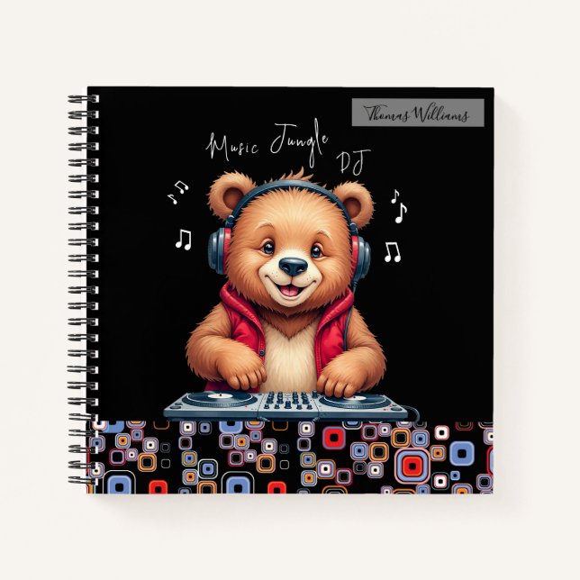 Happy Grizzly Bear, Lächelnder DJ, Music Jungle Notizbuch (Vorderseite)