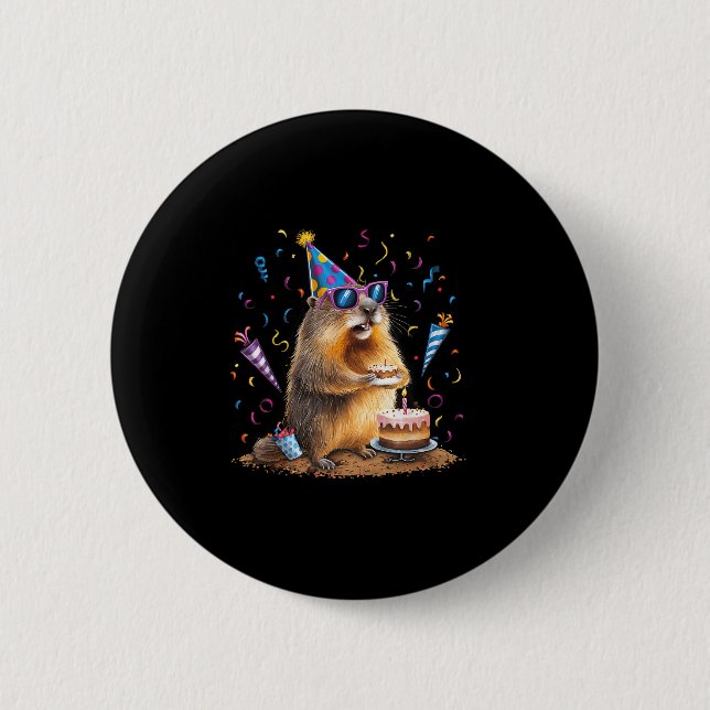 Happy Groundhog Day 12 Feb Ground Hog With Birthda Button (Vorderseite)