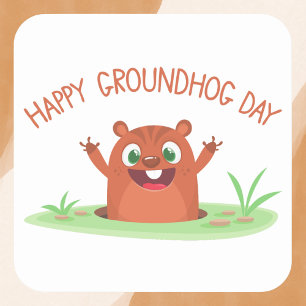 Happy Groundhog Day Frohe Cartoon Quadratischer Aufkleber