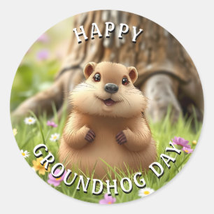 Happy Groundhog Day   Niedlich Woodchuck Runder Aufkleber